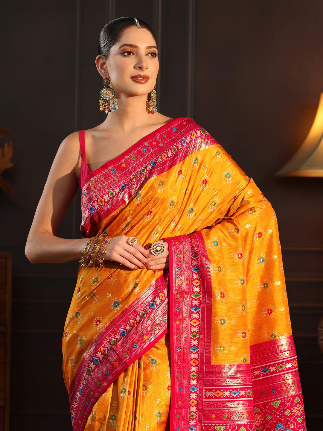  Libas Mustard and Pink Ethnic Printed Silk Blend Saree 