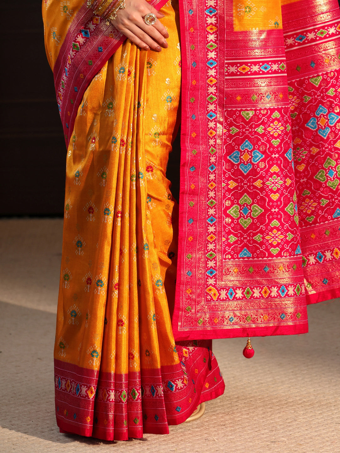  Libas Mustard and Pink Ethnic Printed Silk Blend Saree 