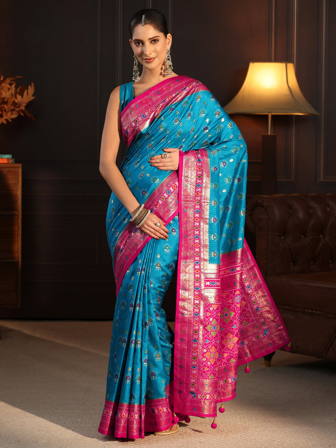  Libas Turquoise Blue and Pink Ethnic Printed Silk Blend Saree 