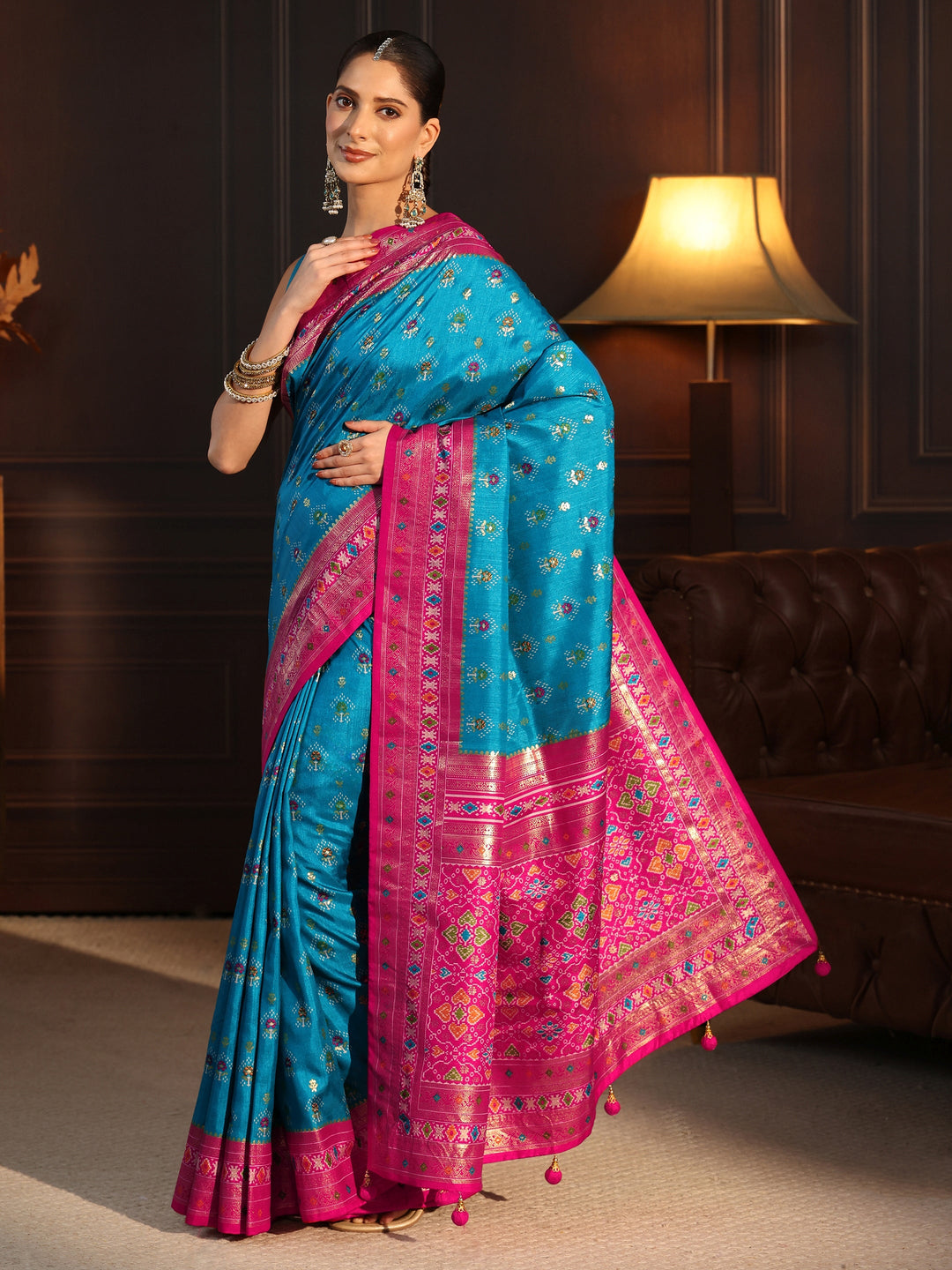  Libas Turquoise Blue and Pink Ethnic Printed Silk Blend Saree 