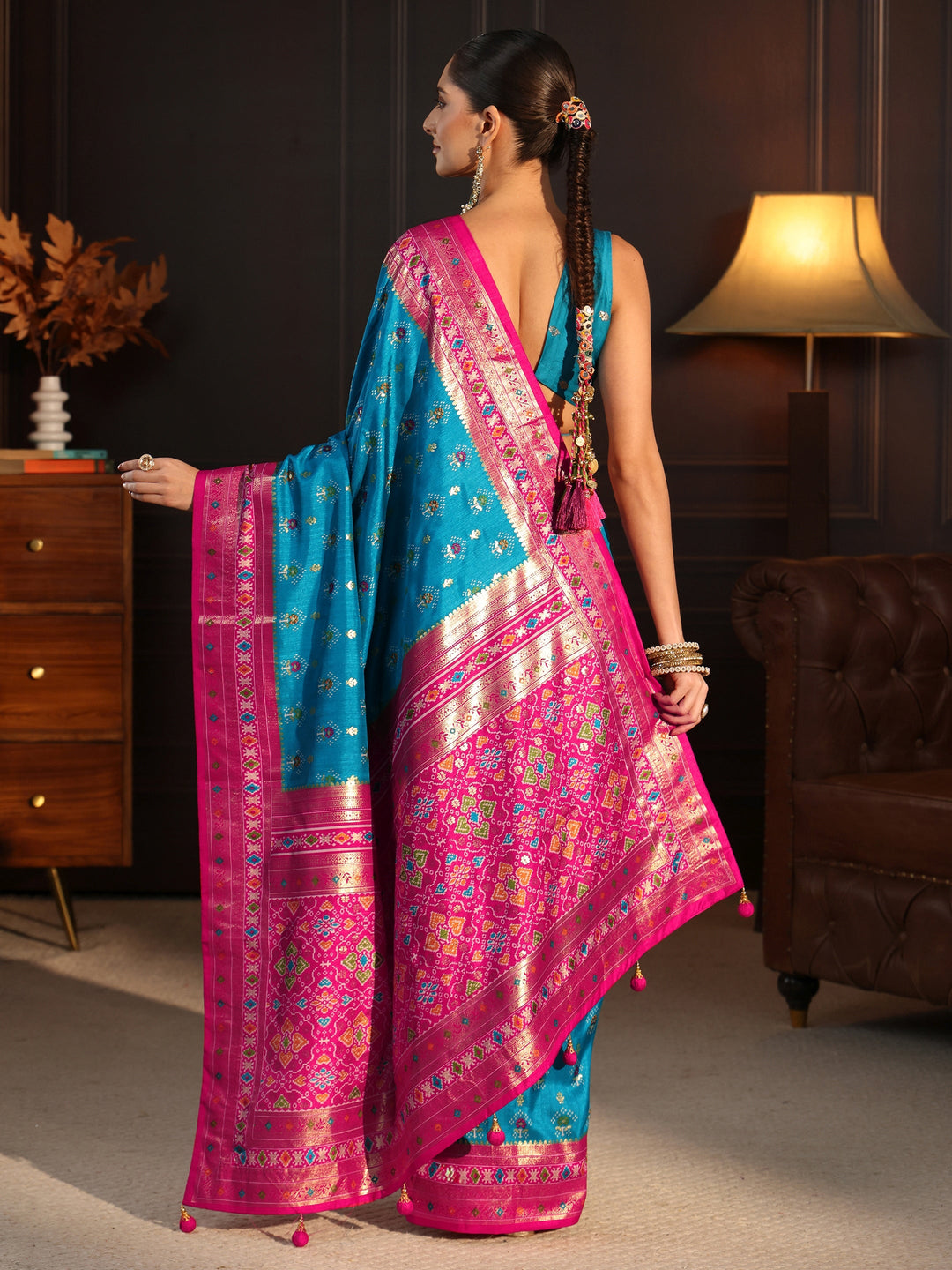  Libas Turquoise Blue and Pink Ethnic Printed Silk Blend Saree 