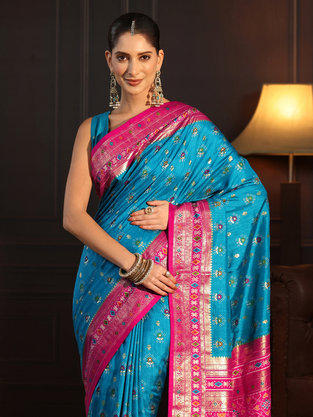  Libas Turquoise Blue and Pink Ethnic Printed Silk Blend Saree 