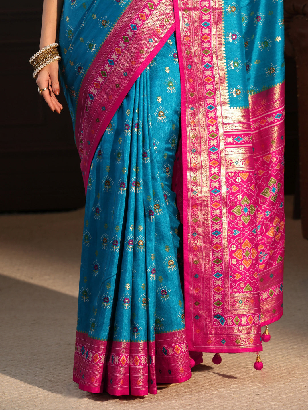  Libas Turquoise Blue and Pink Ethnic Printed Silk Blend Saree 