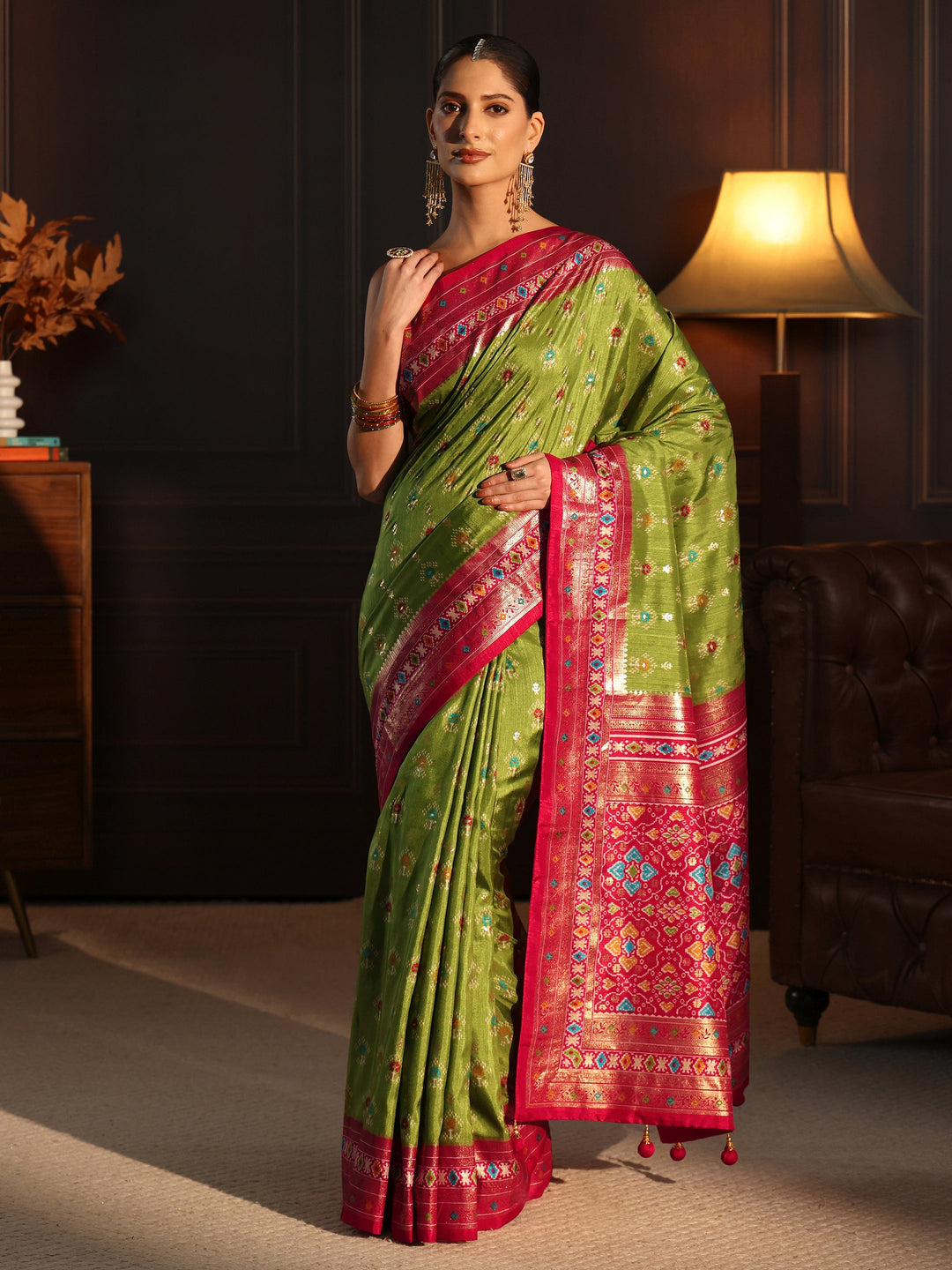  Libas Olive Green and Pink Ethnic Printed Silk Blend Saree 