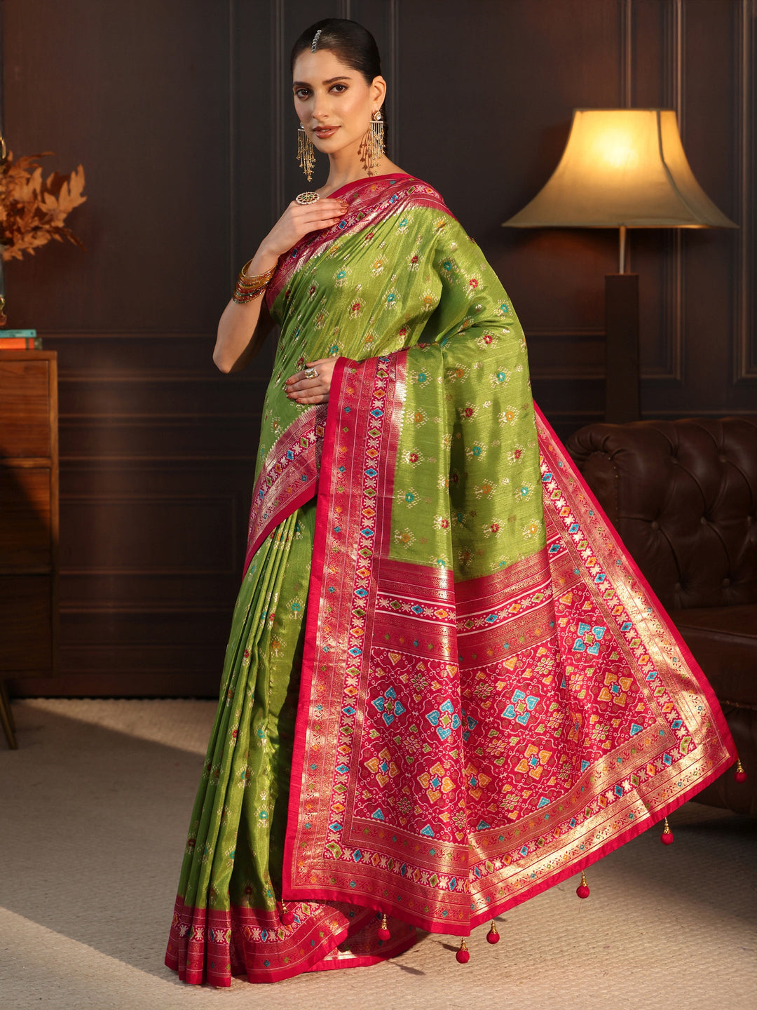  Libas Olive Green and Pink Ethnic Printed Silk Blend Saree 