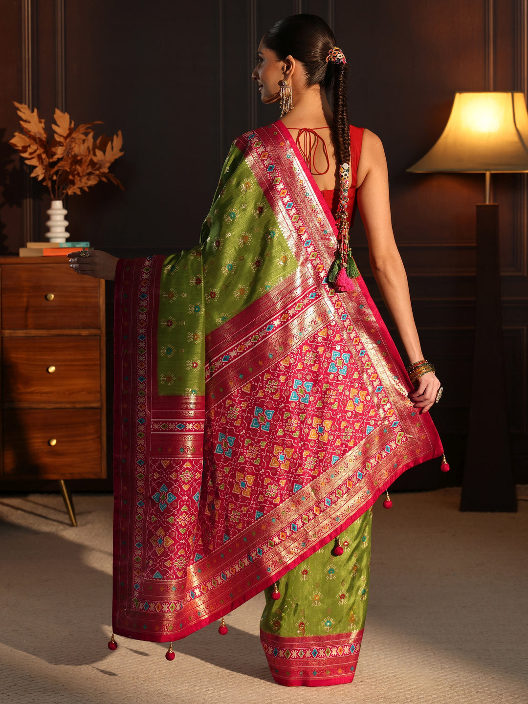  Libas Olive Green and Pink Ethnic Printed Silk Blend Saree 