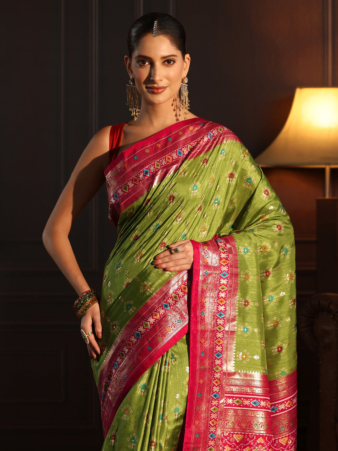  Libas Olive Green and Pink Ethnic Printed Silk Blend Saree 