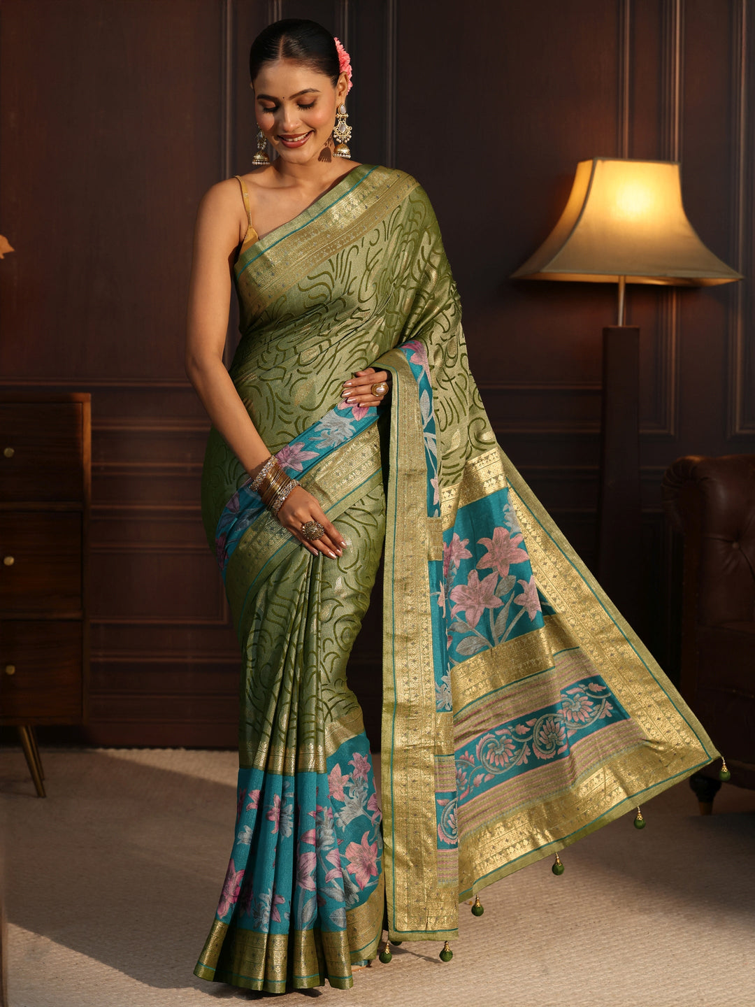  Libas Blue and Green Floral Woven Design Silk Blend Saree 