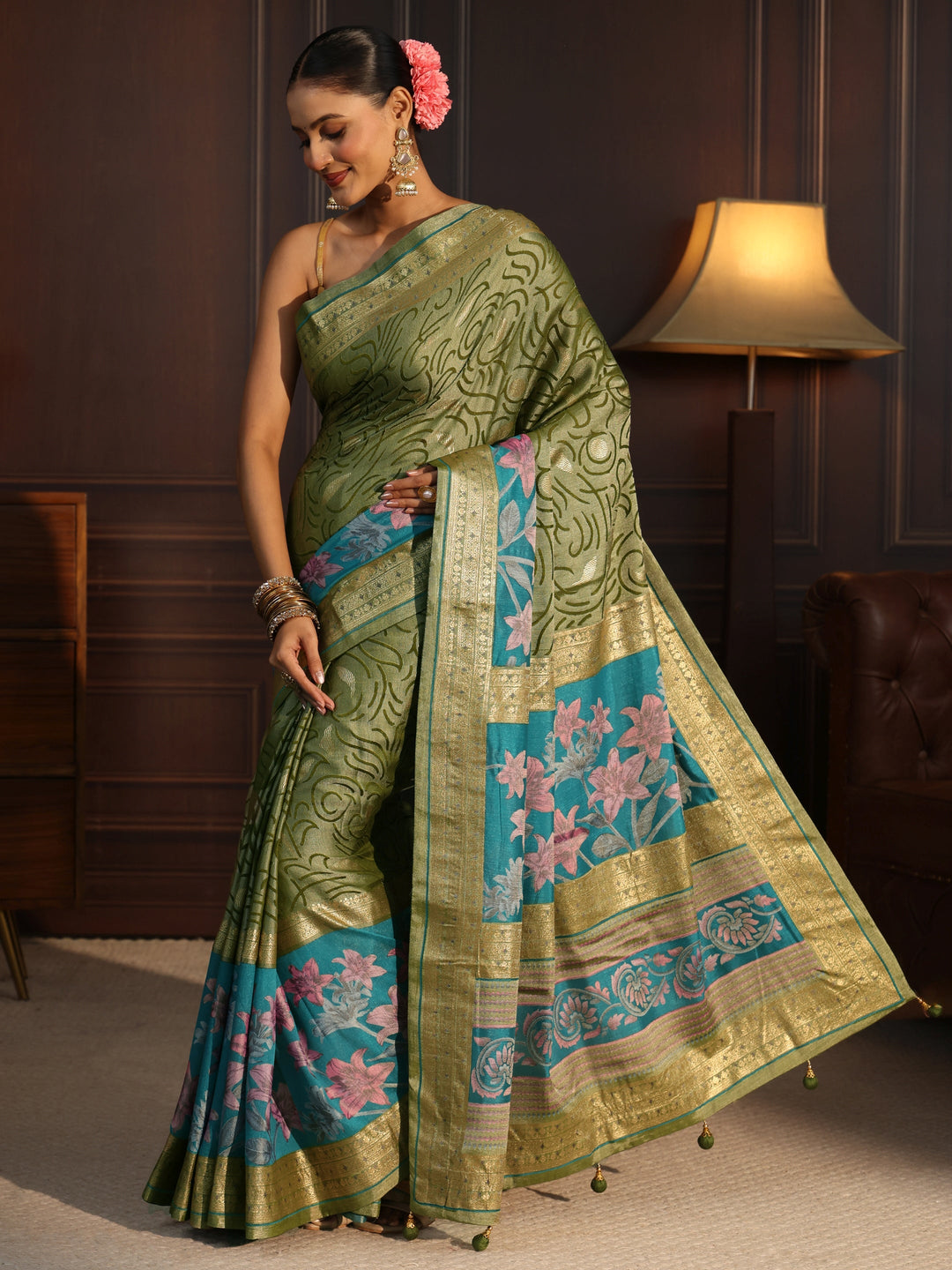  Libas Blue and Green Floral Woven Design Silk Blend Saree 