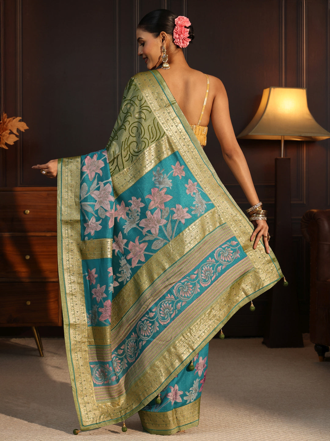  Libas Blue and Green Floral Woven Design Silk Blend Saree 