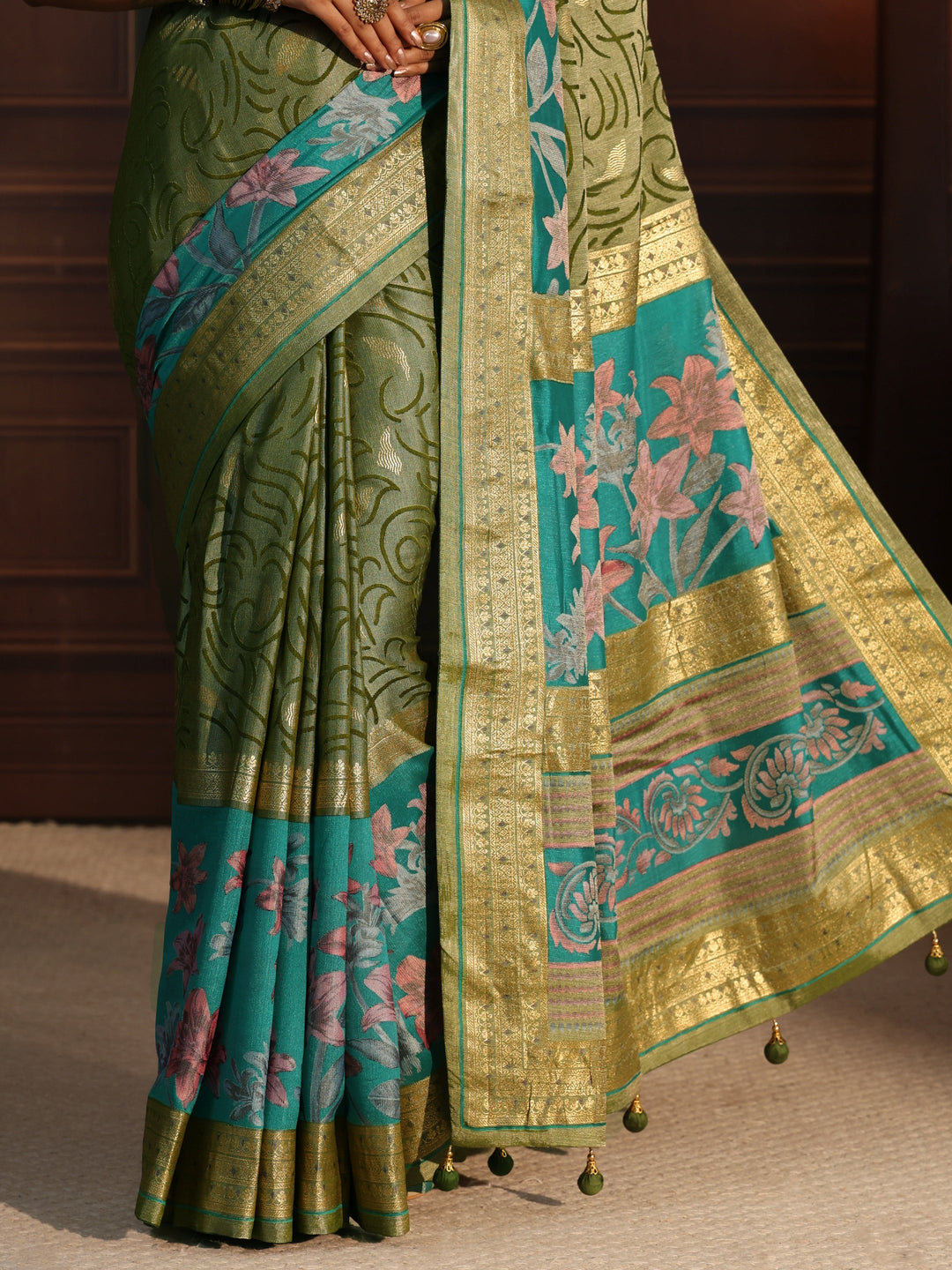  Libas Blue and Green Floral Woven Design Silk Blend Saree 