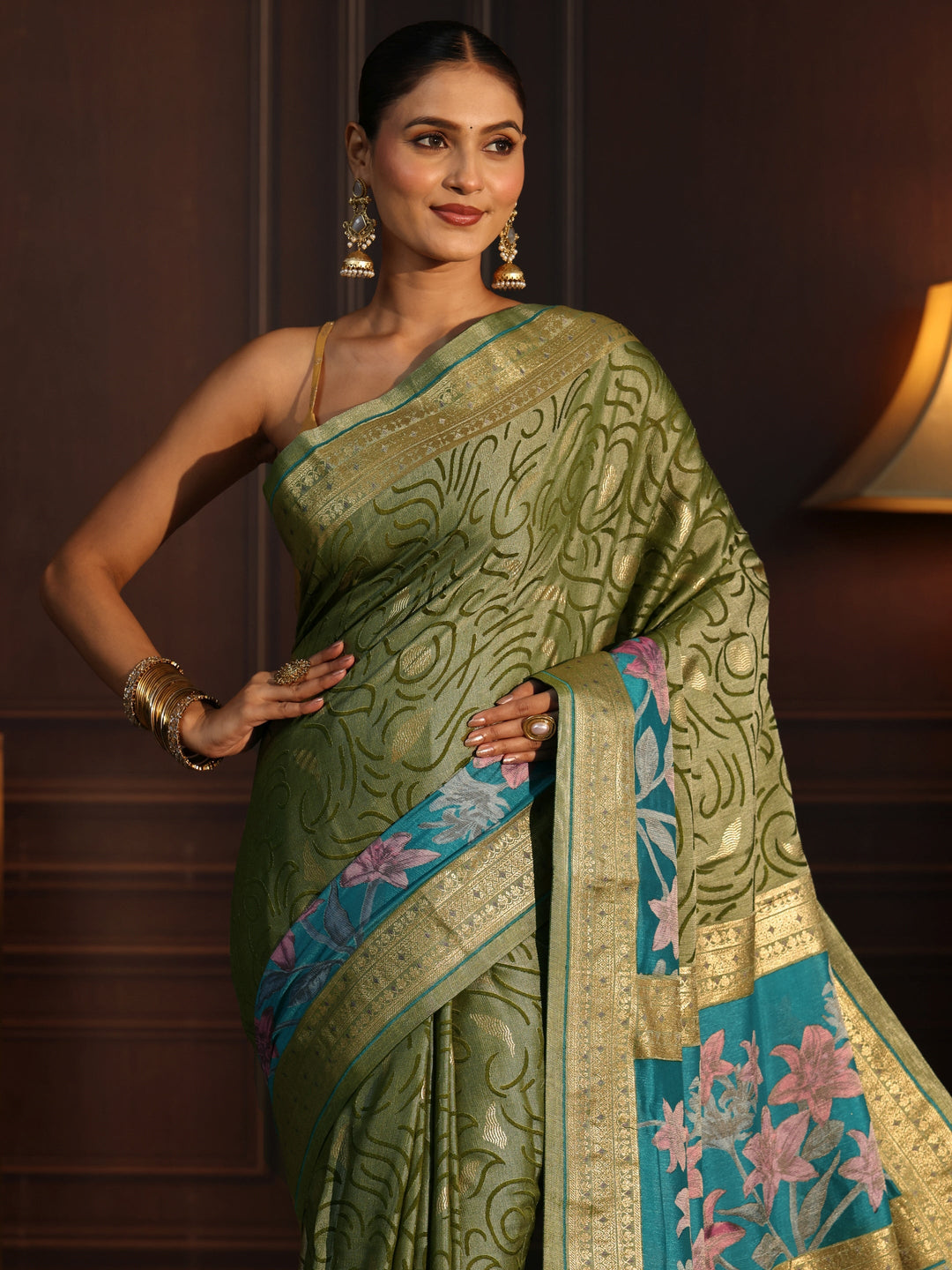  Libas Blue and Green Floral Woven Design Silk Blend Saree 