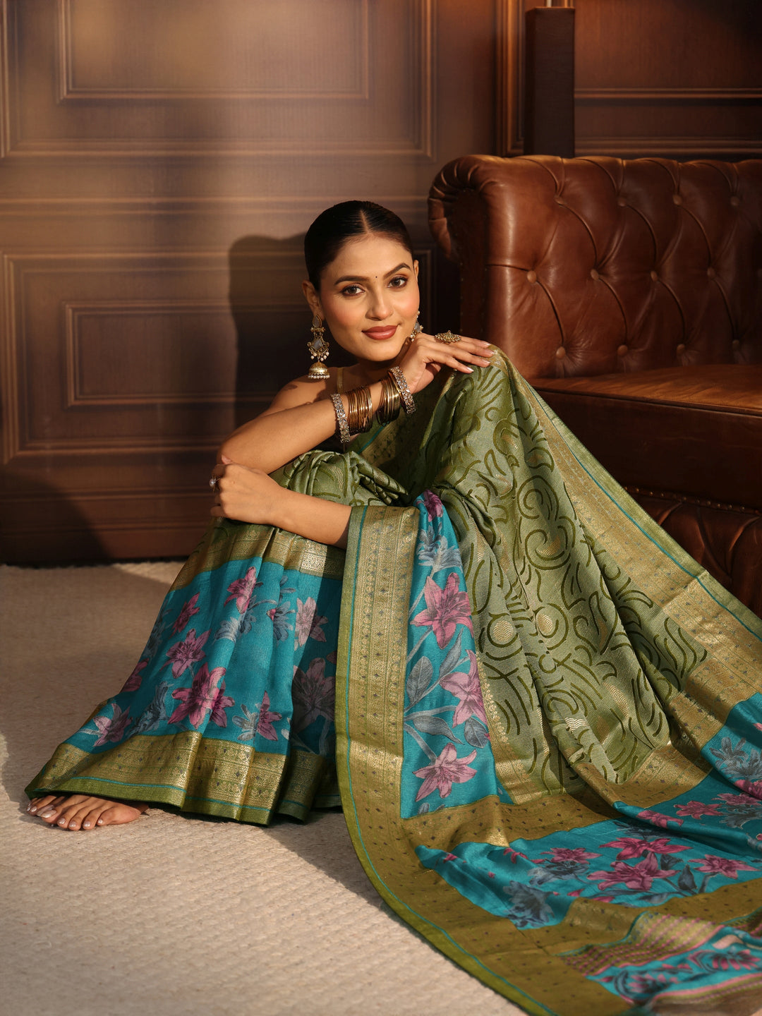  Libas Blue and Green Floral Woven Design Silk Blend Saree 