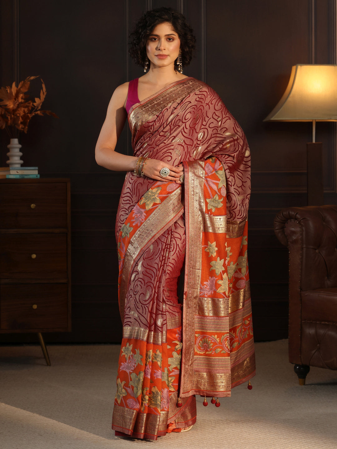  Libas Orange and Maroon Floral Woven Design Silk Blend Saree 