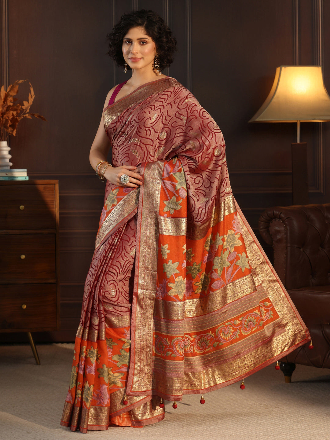  Libas Orange and Maroon Floral Woven Design Silk Blend Saree 
