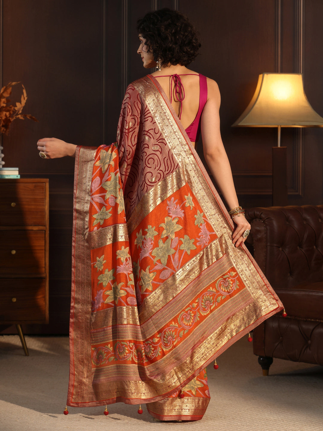  Libas Orange and Maroon Floral Woven Design Silk Blend Saree 