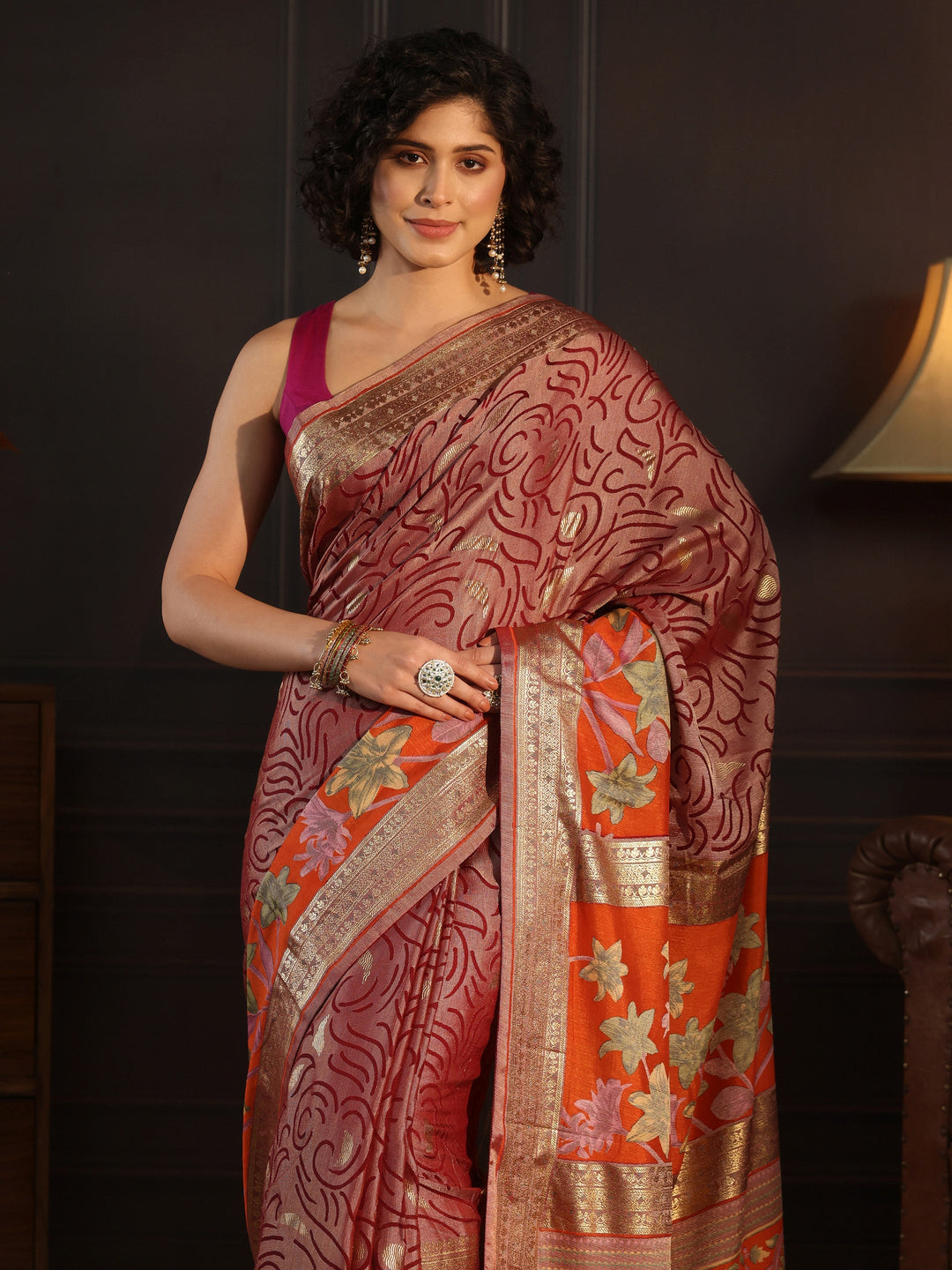  Libas Orange and Maroon Floral Woven Design Silk Blend Saree 