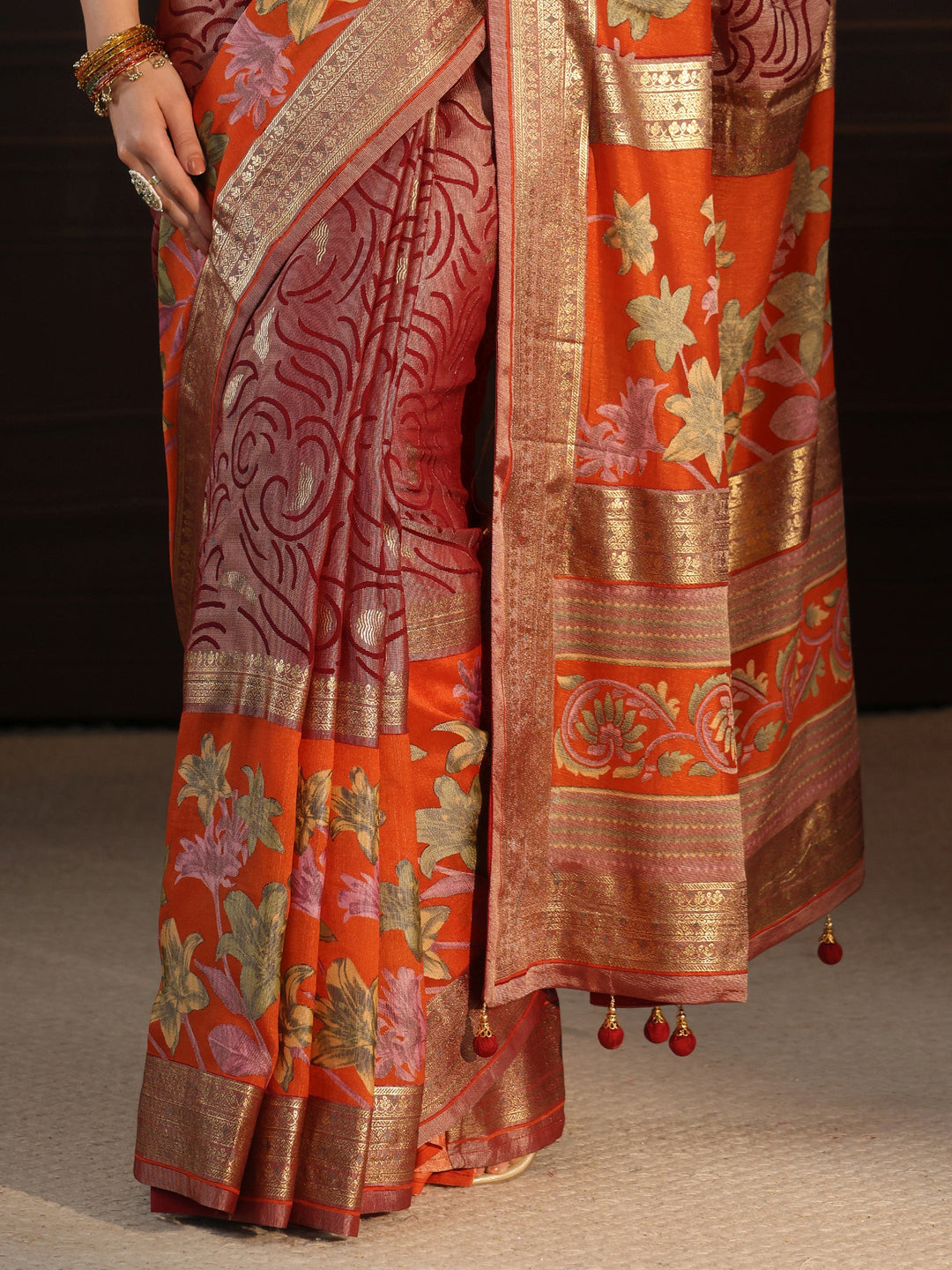  Libas Orange and Maroon Floral Woven Design Silk Blend Saree 