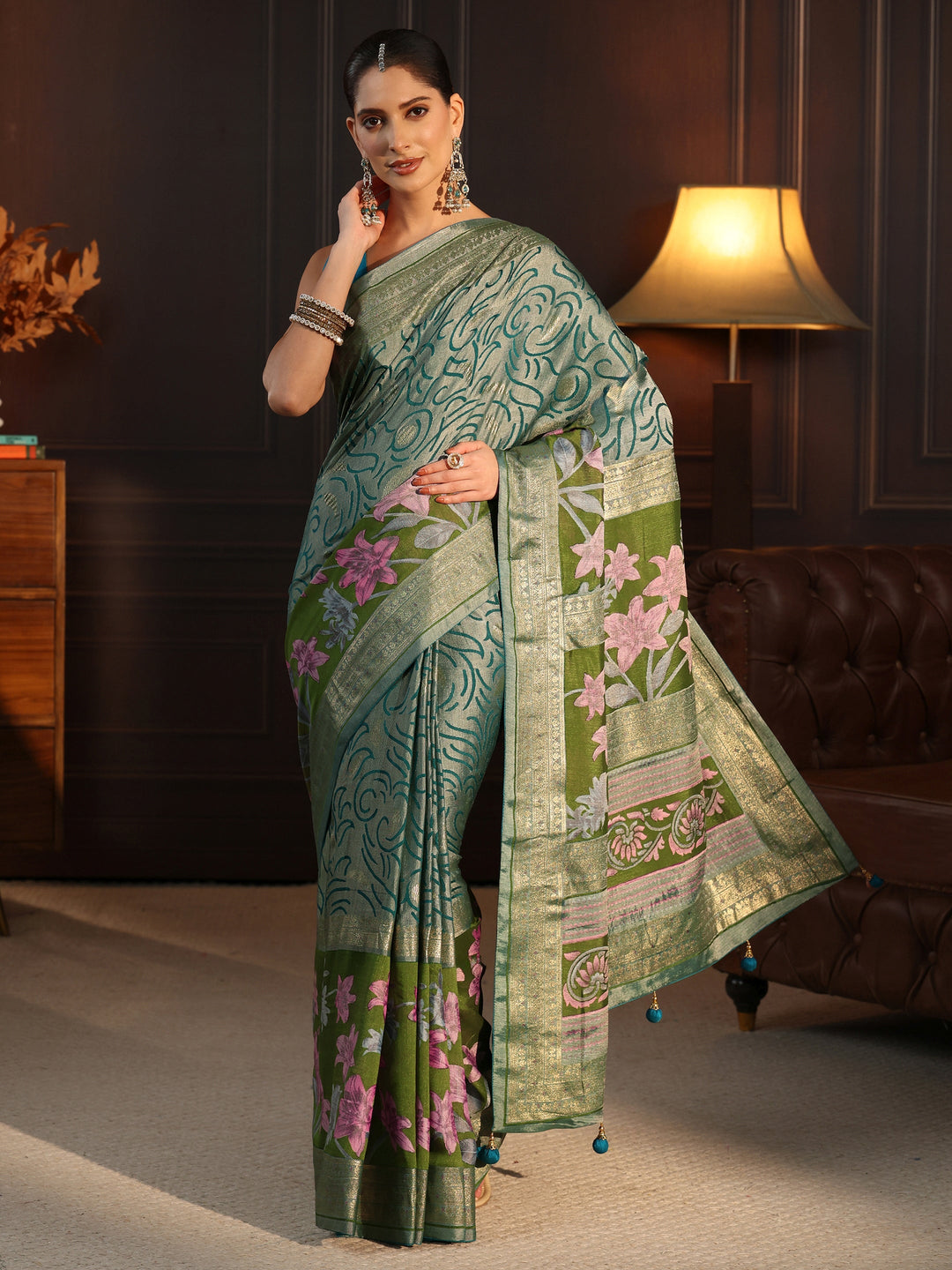  Libas Green Floral Woven Design Silk Blend Saree 
