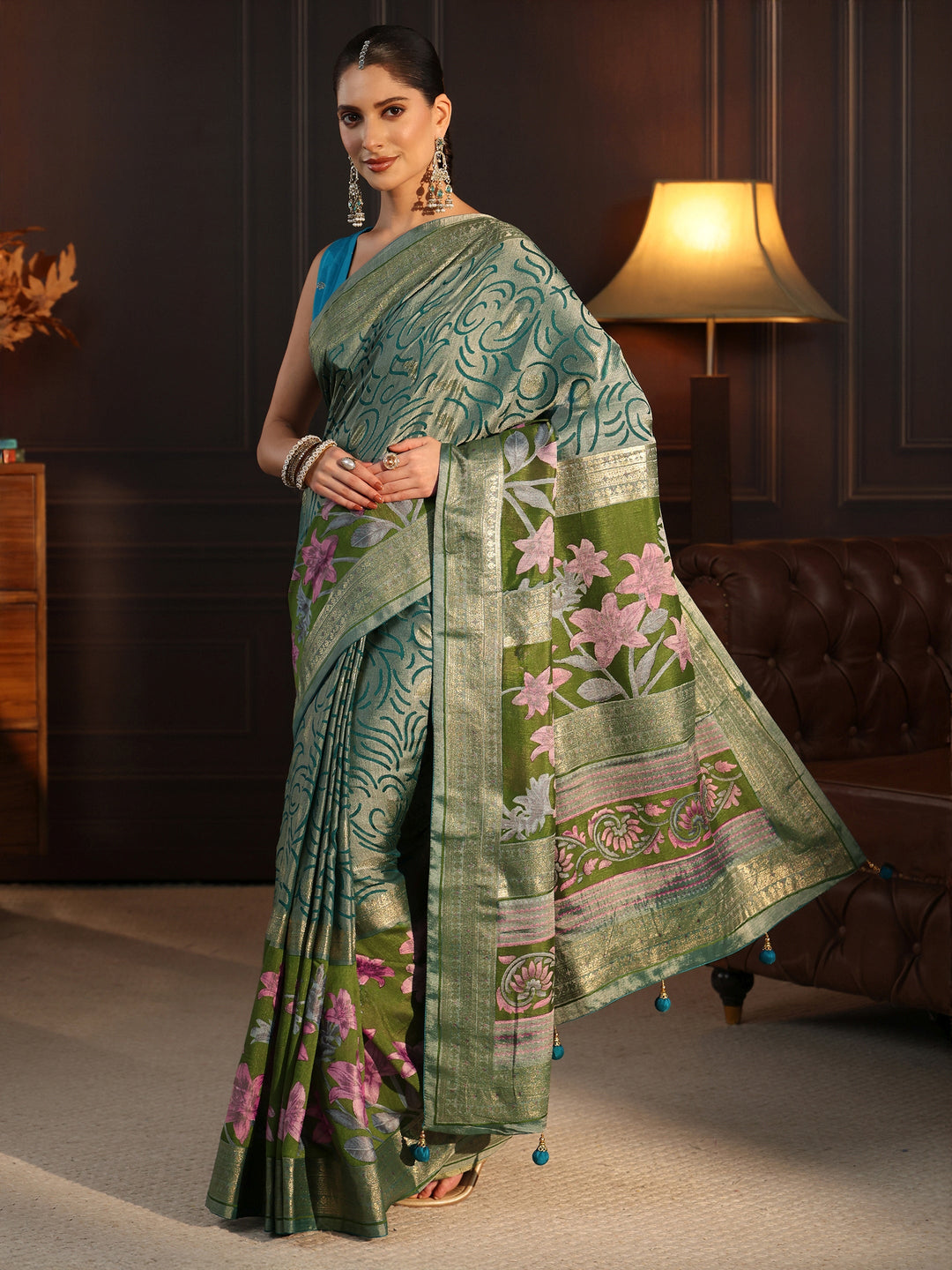  Libas Green Floral Woven Design Silk Blend Saree 