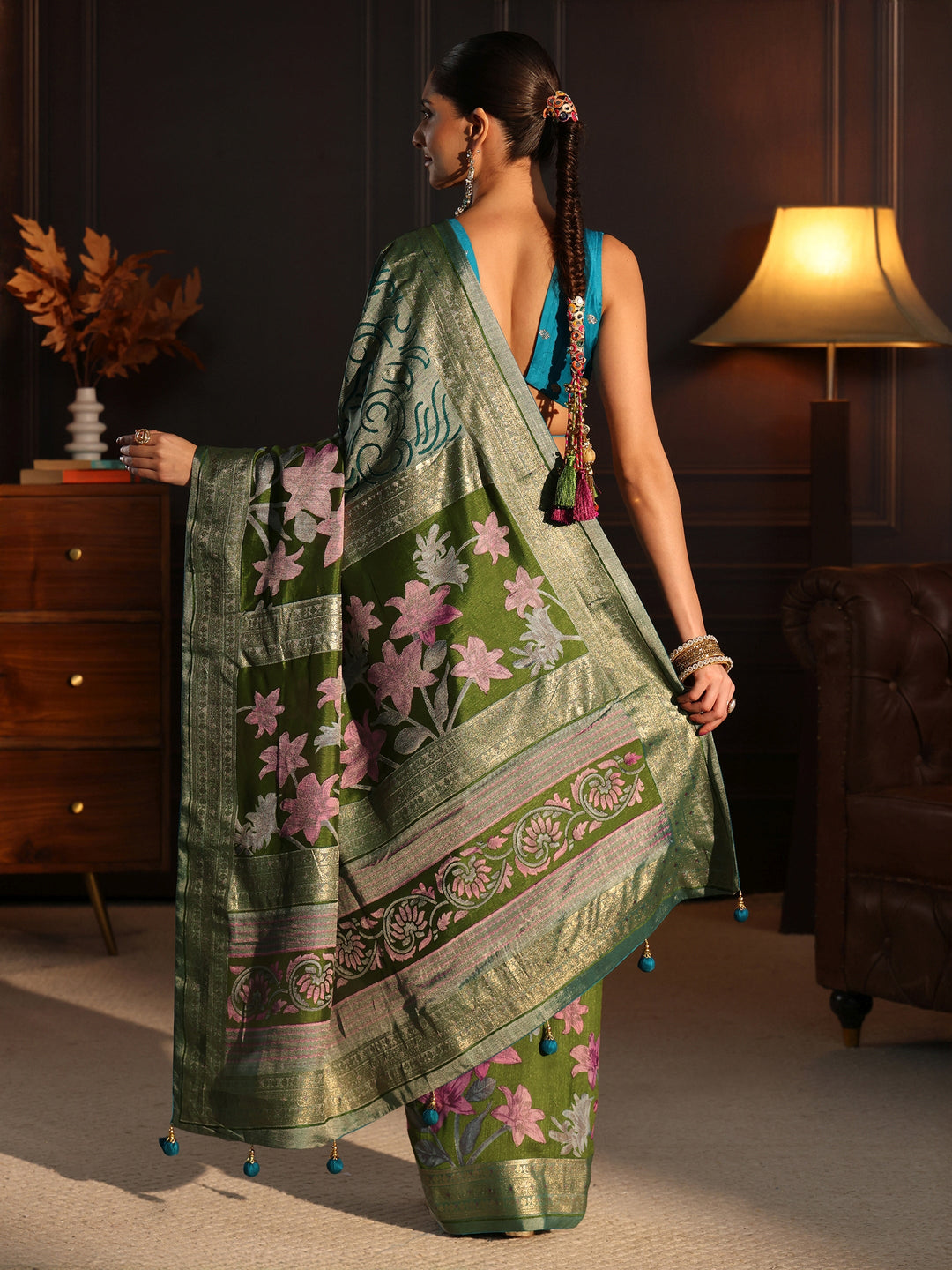  Libas Green Floral Woven Design Silk Blend Saree 