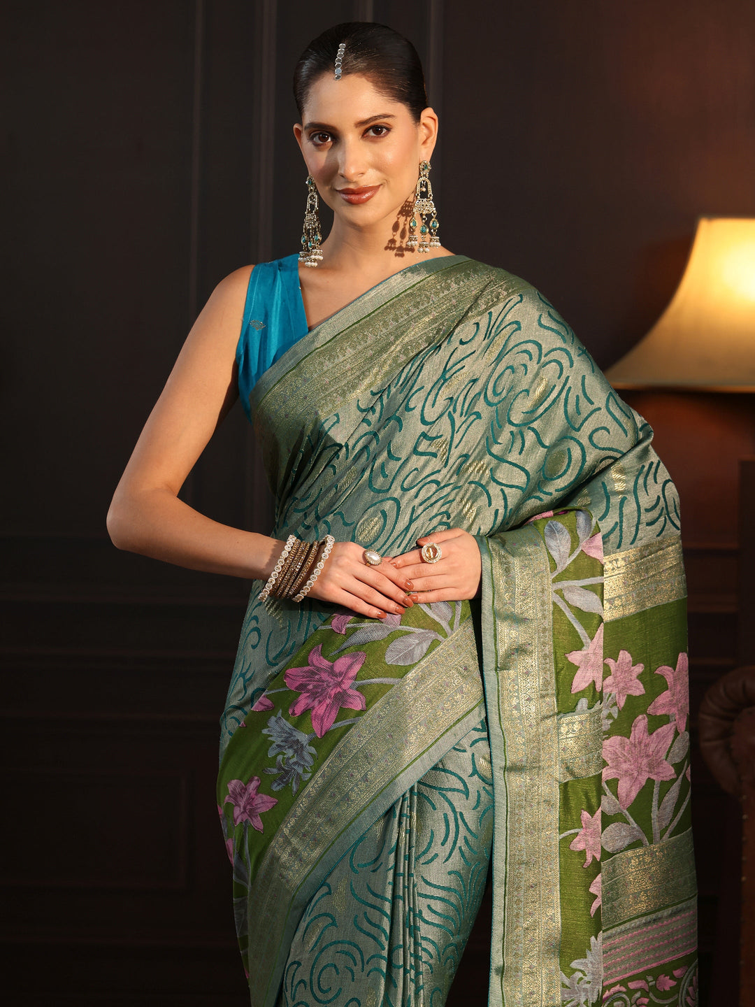 Libas Green Floral Woven Design Silk Blend Saree 