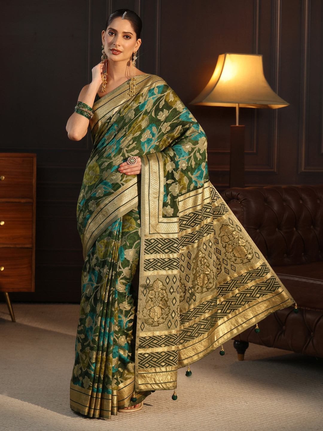  Libas Green Floral Woven Design Silk Blend Saree 