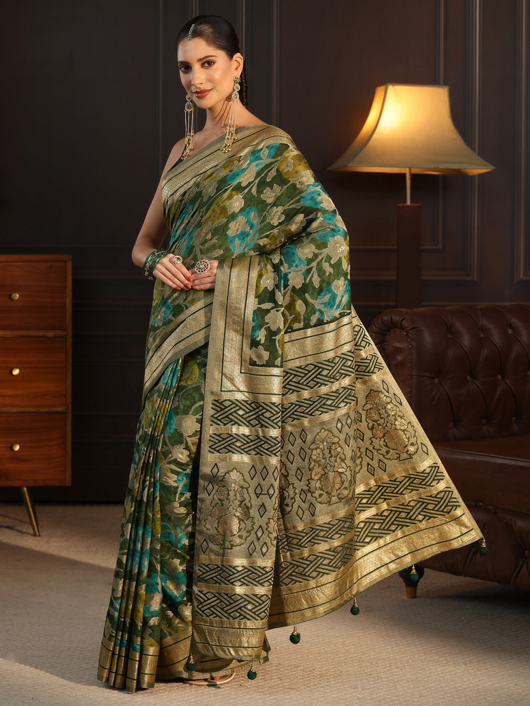  Libas Green Floral Woven Design Silk Blend Saree 