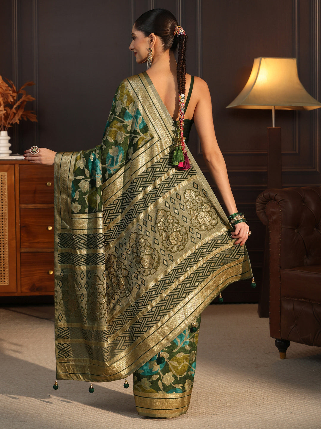  Libas Green Floral Woven Design Silk Blend Saree 
