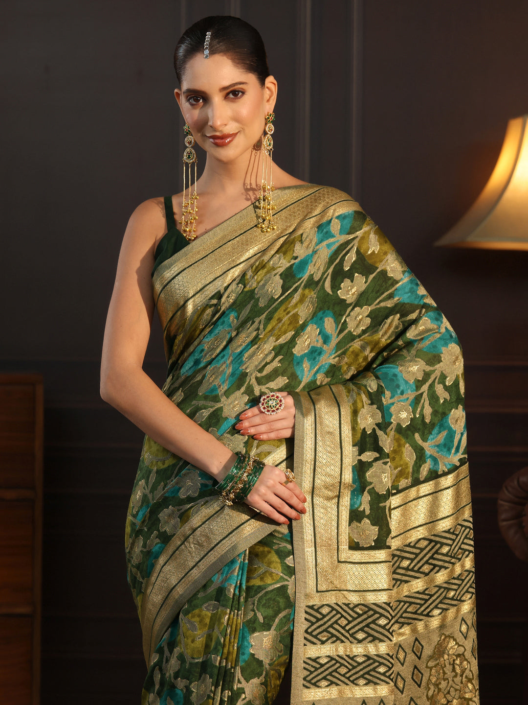  Libas Green Floral Woven Design Silk Blend Saree 