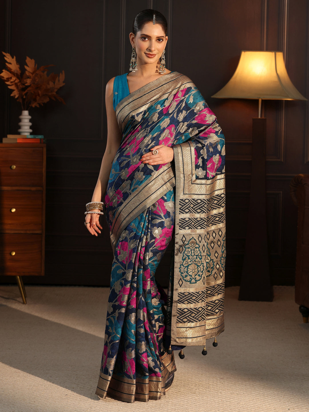  Libas Blue Floral Woven Design Silk Blend Saree 