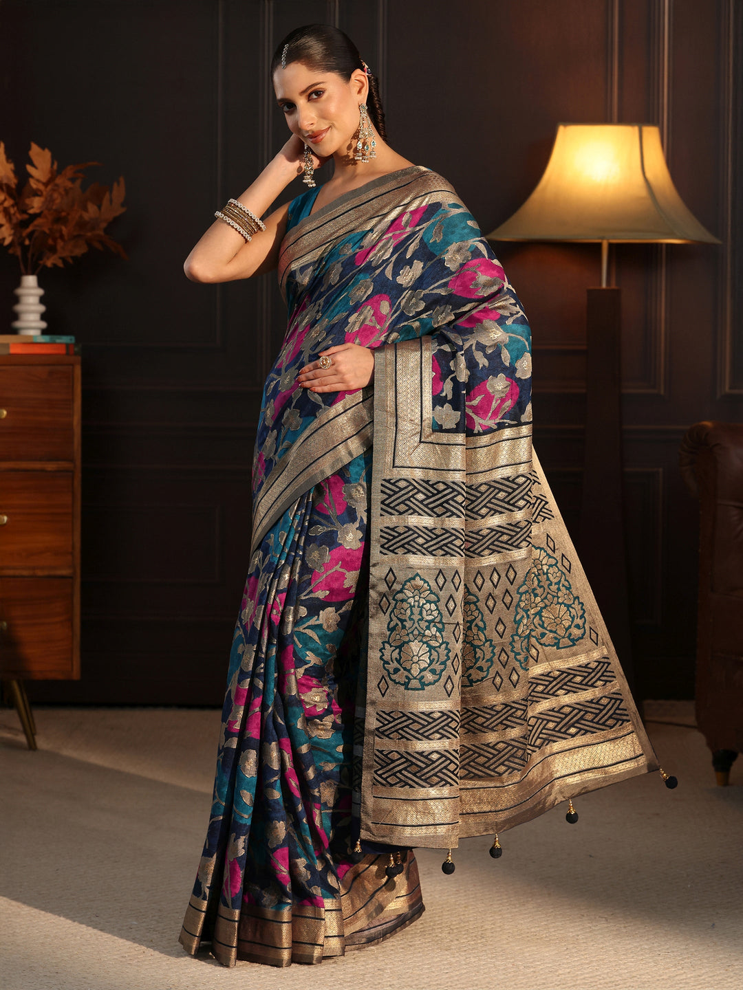  Libas Blue Floral Woven Design Silk Blend Saree 