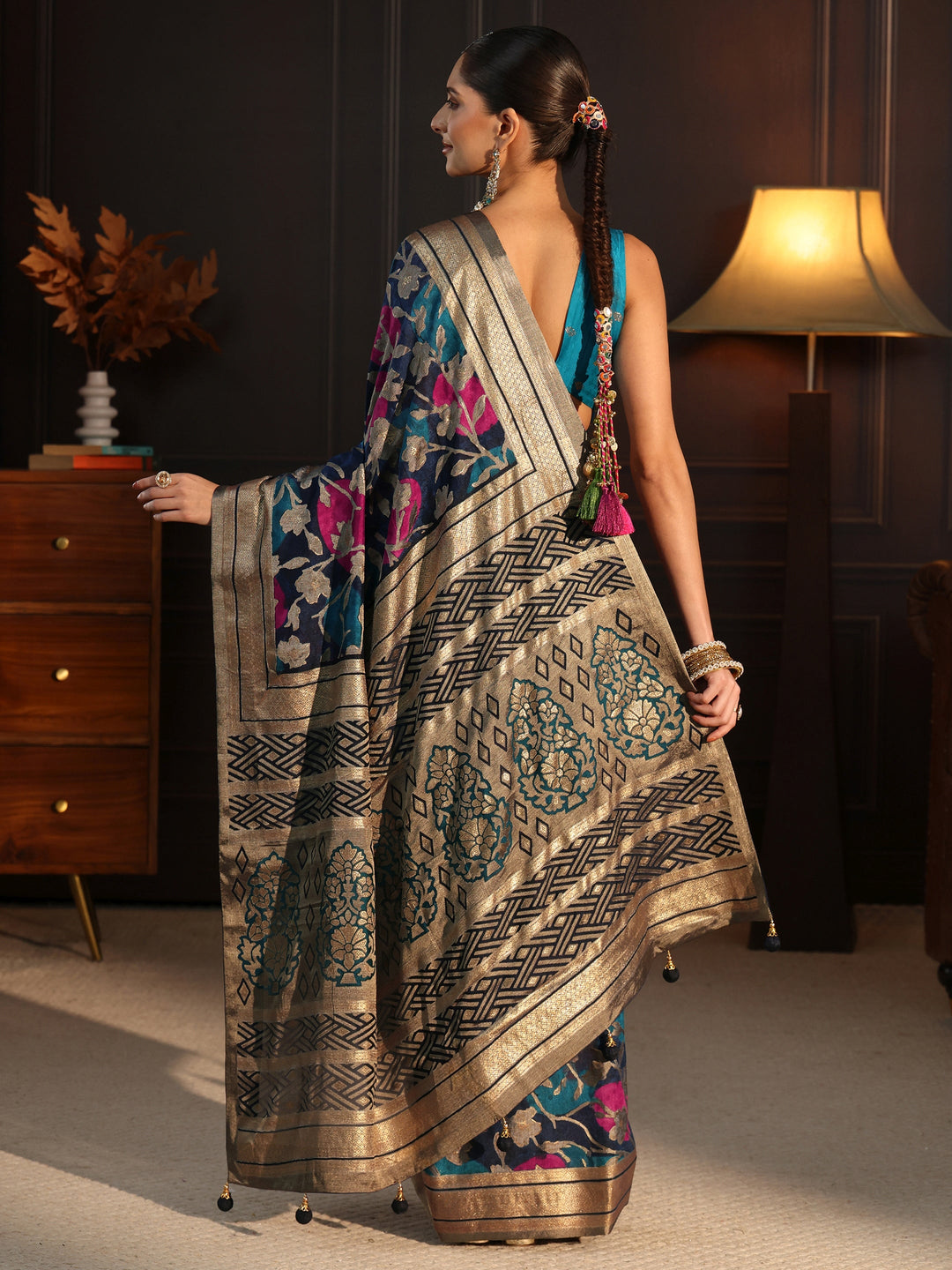  Libas Blue Floral Woven Design Silk Blend Saree 