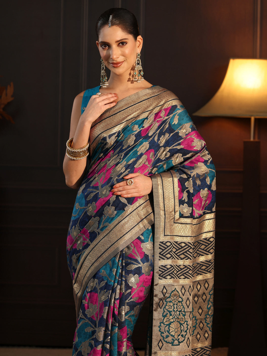  Libas Blue Floral Woven Design Silk Blend Saree 