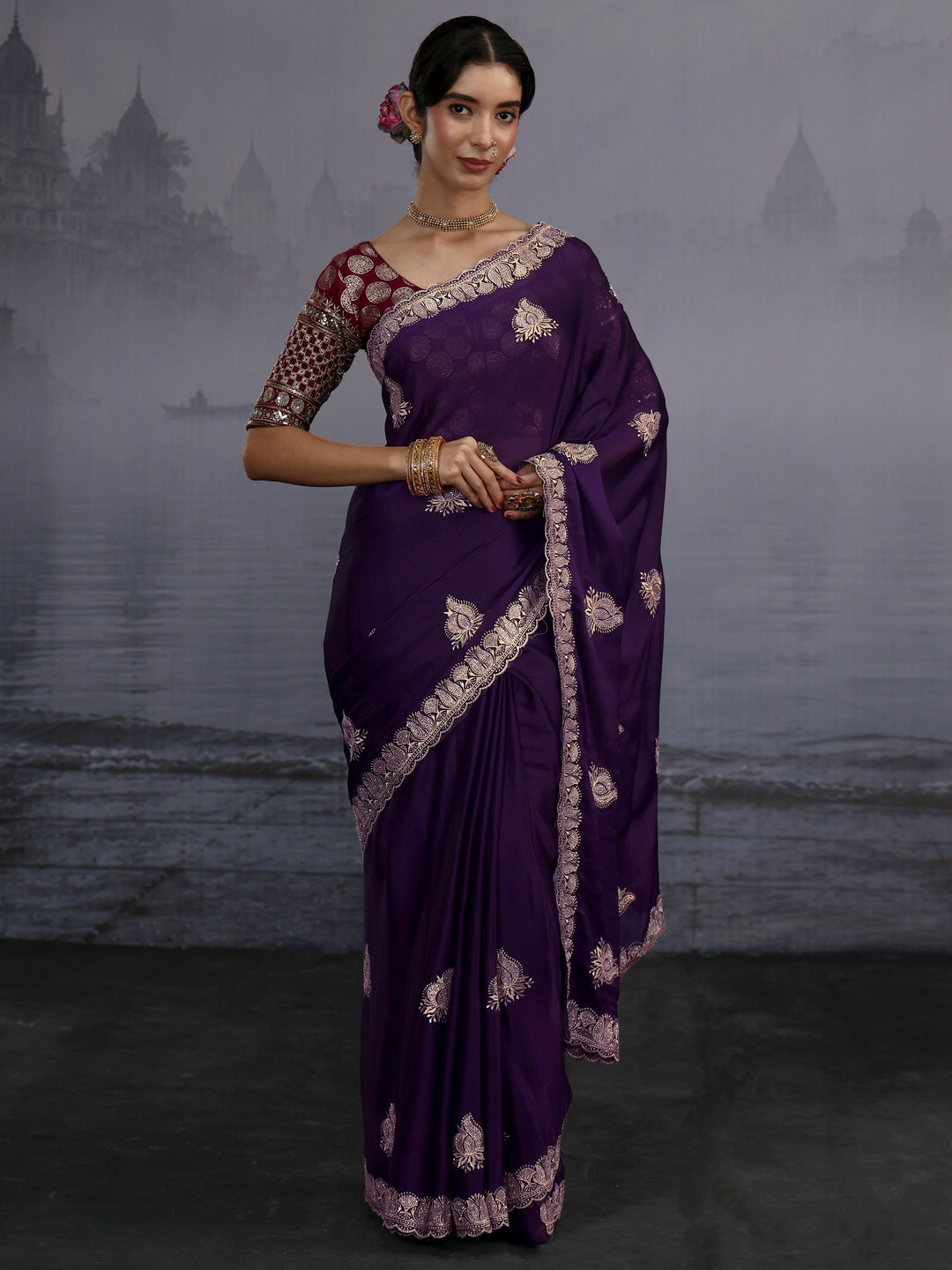  Libas Imperial Purple Stone Work Embellished Chiffon Saree 