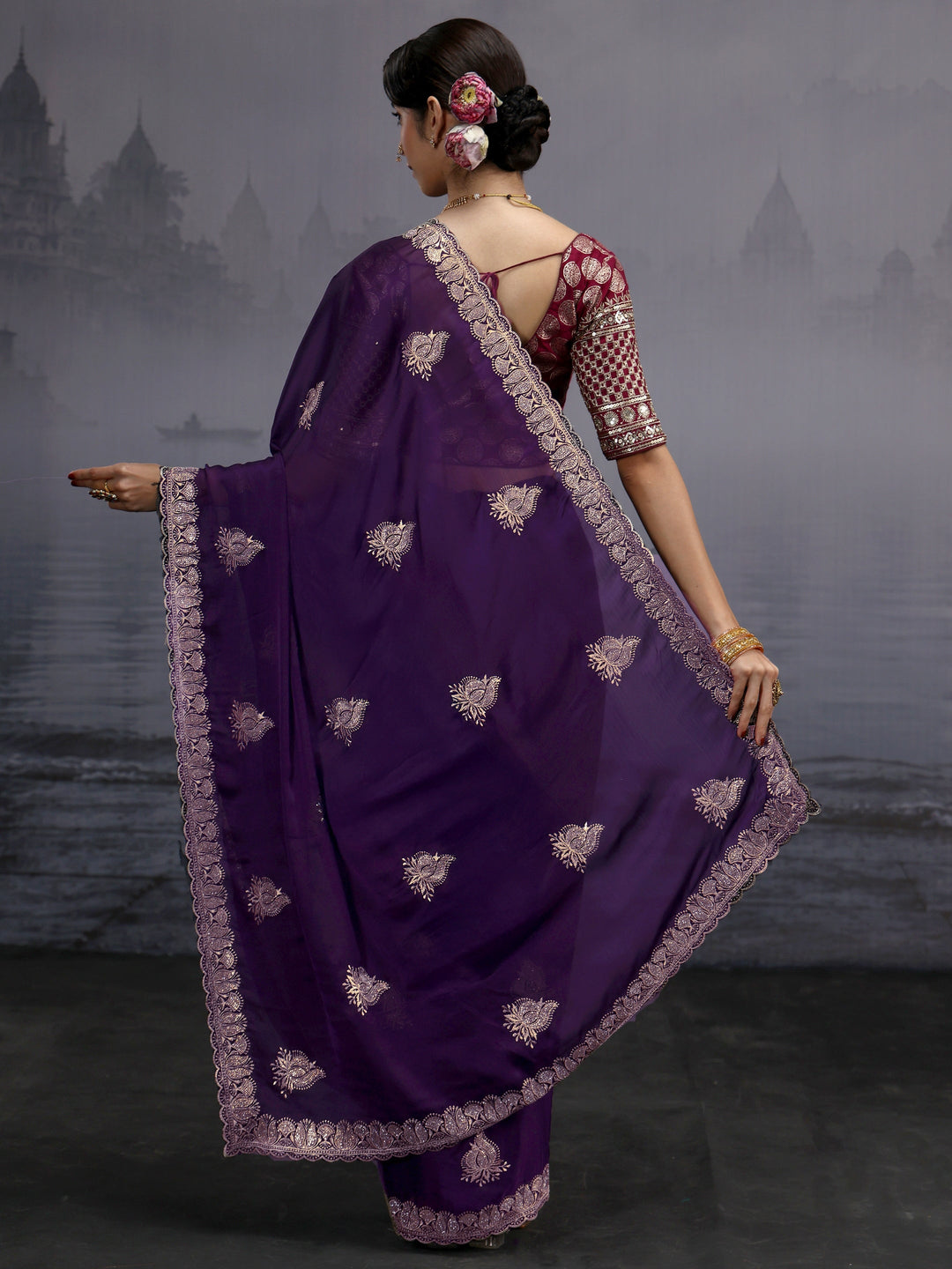  Libas Imperial Purple Stone Work Embellished Chiffon Saree 