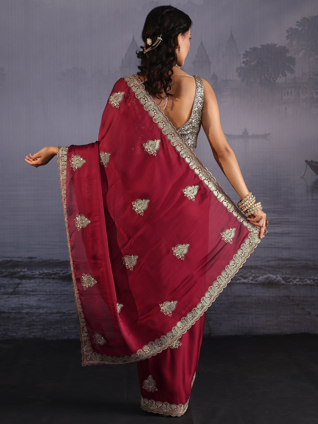  Libas Maroon Embroidered Chiffon Saree with Scalloped Border 