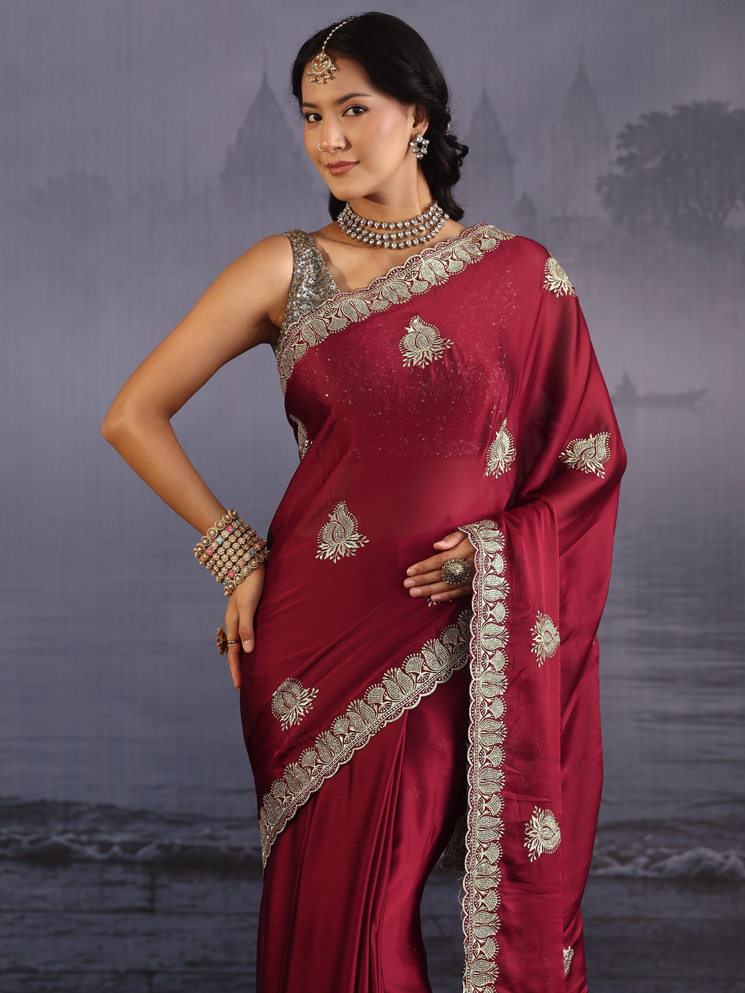  Libas Maroon Embroidered Chiffon Saree with Scalloped Border 