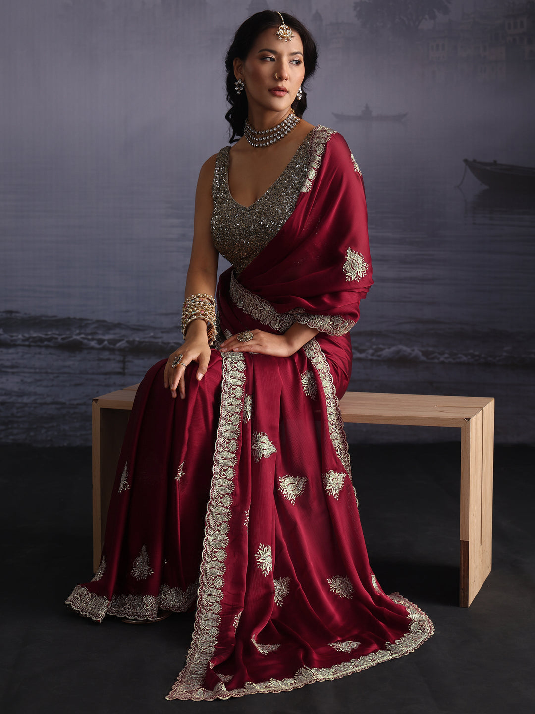  Libas Maroon Embroidered Chiffon Saree with Scalloped Border 