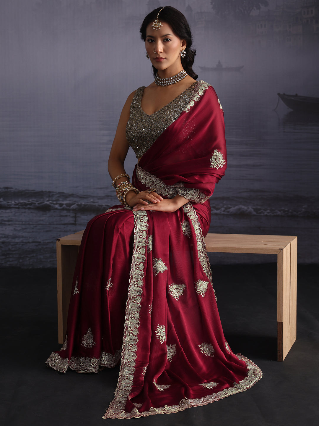  Libas Maroon Embroidered Chiffon Saree with Scalloped Border 