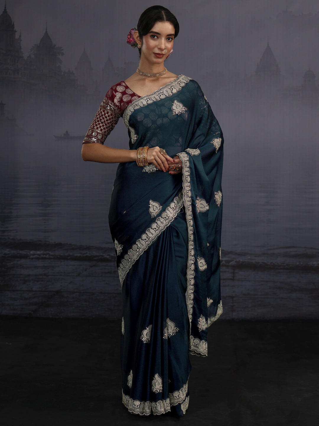  Libas Navy Blue Stone Work Embellished Chiffon Saree 