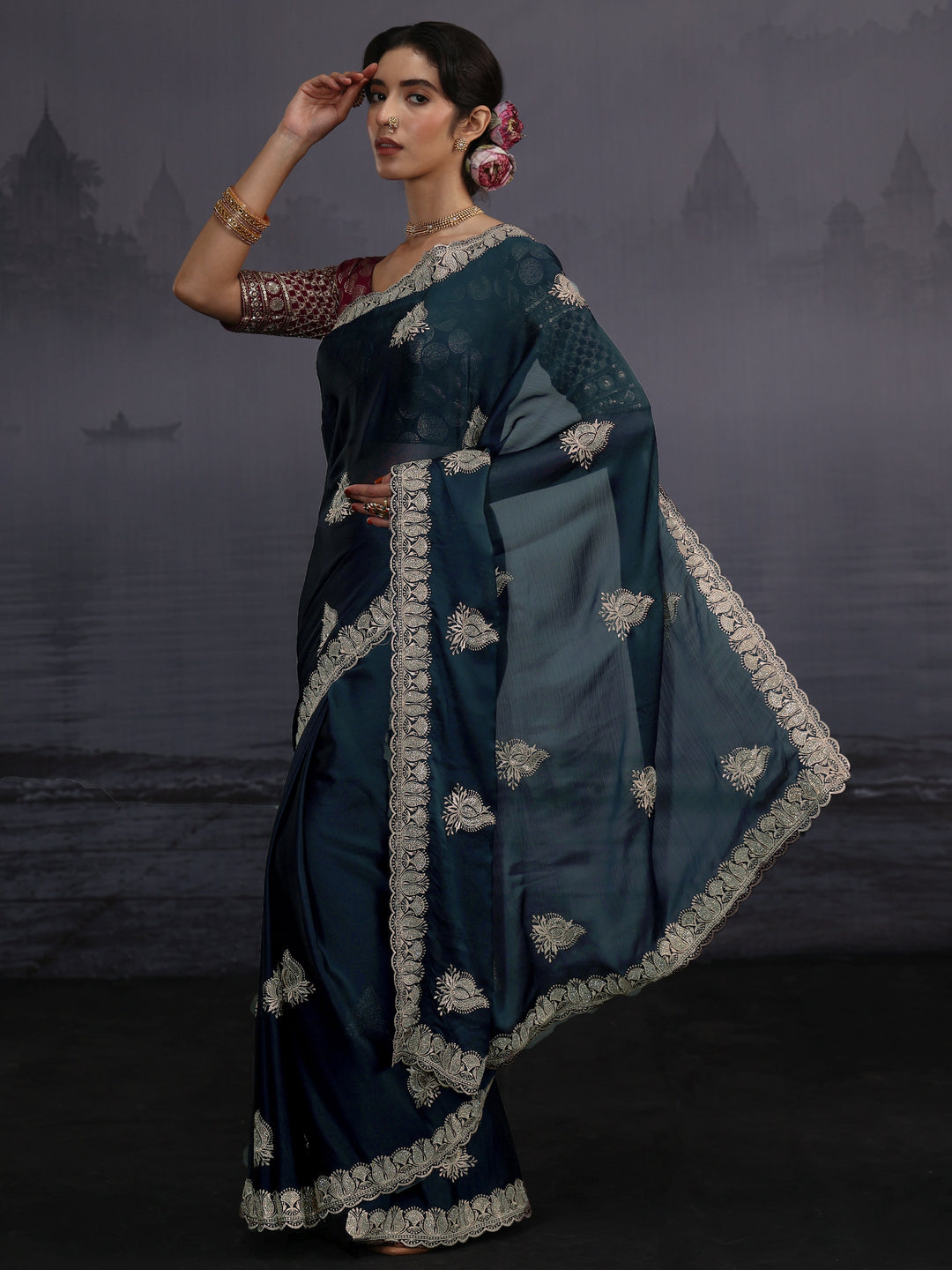  Libas Navy Blue Stone Work Embellished Chiffon Saree 