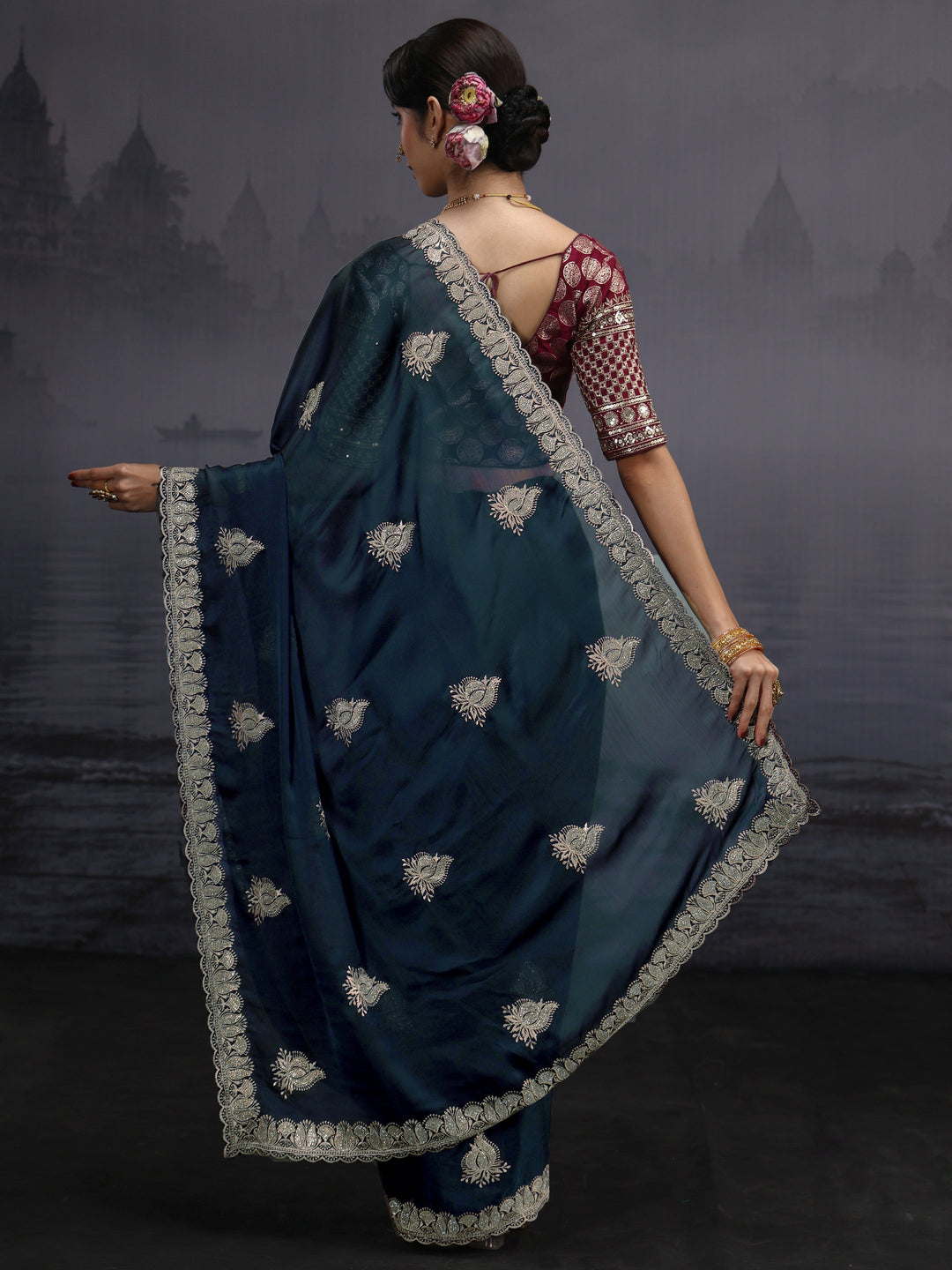  Libas Navy Blue Stone Work Embellished Chiffon Saree 
