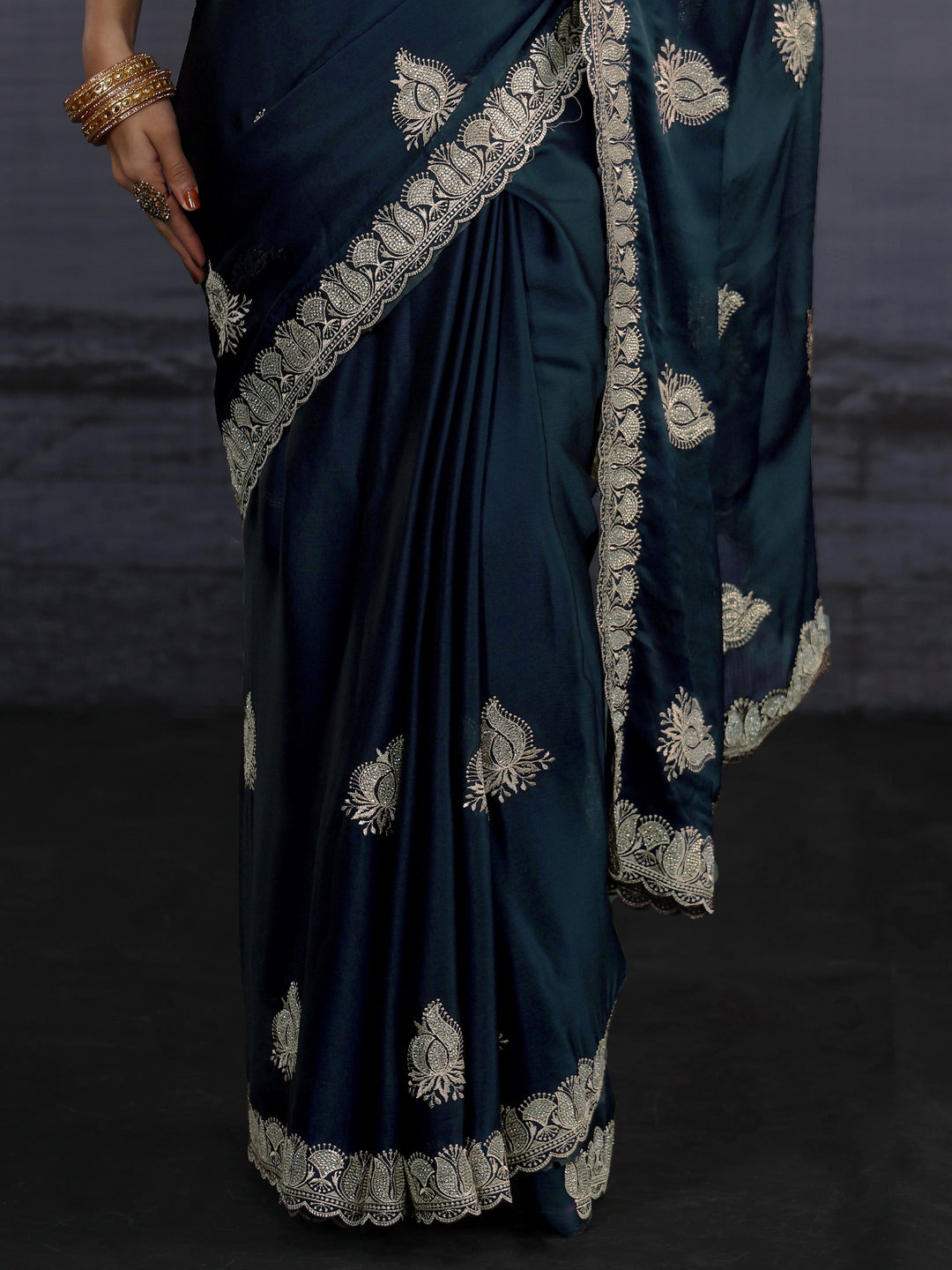  Libas Navy Blue Stone Work Embellished Chiffon Saree 