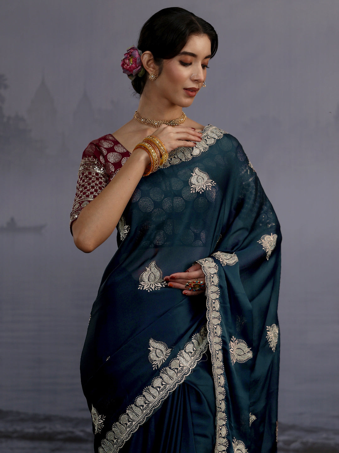  Libas Navy Blue Stone Work Embellished Chiffon Saree 