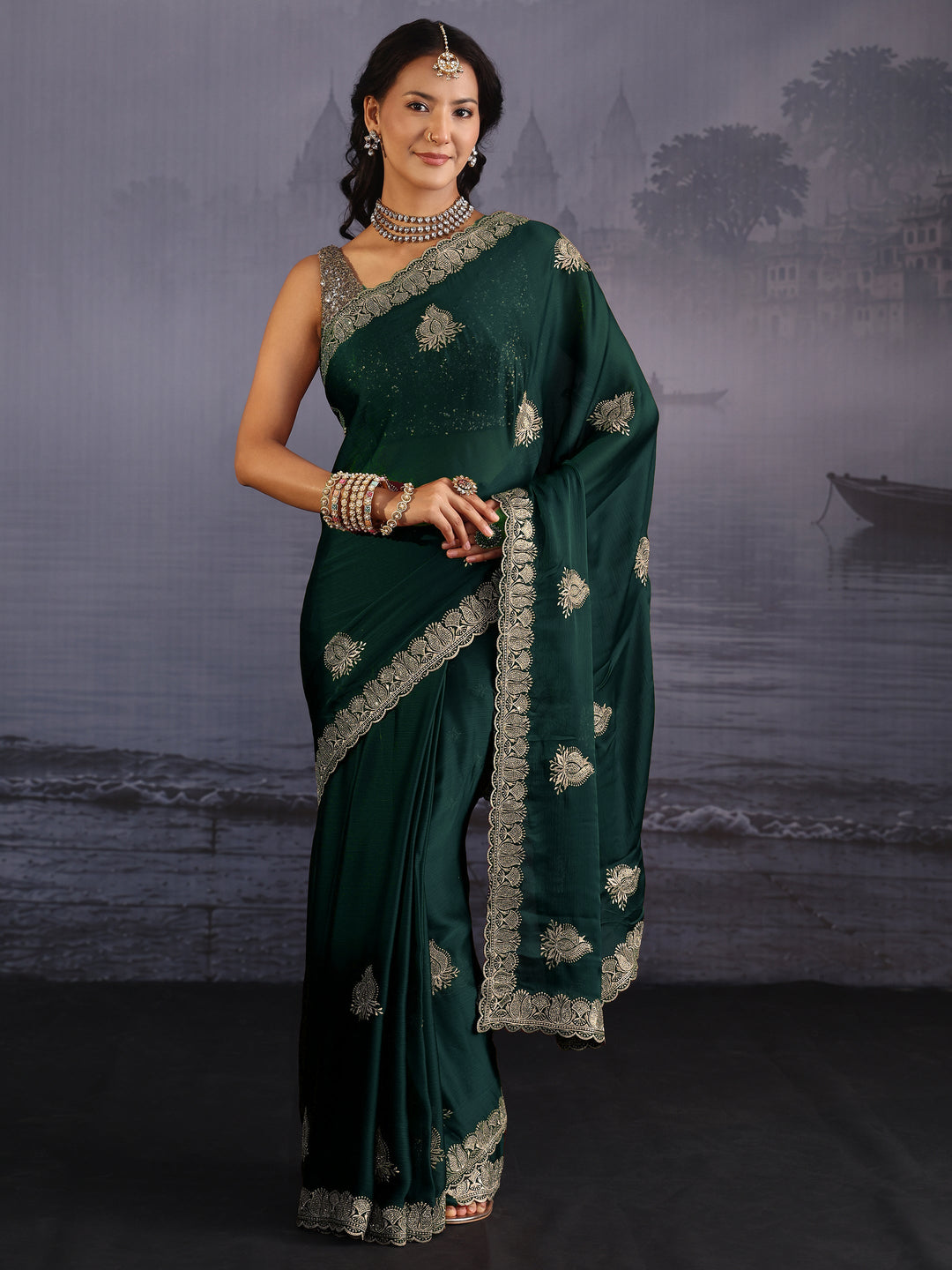  Libas Bottle Green Embroidered Chiffon Saree with Scalloped Border 
