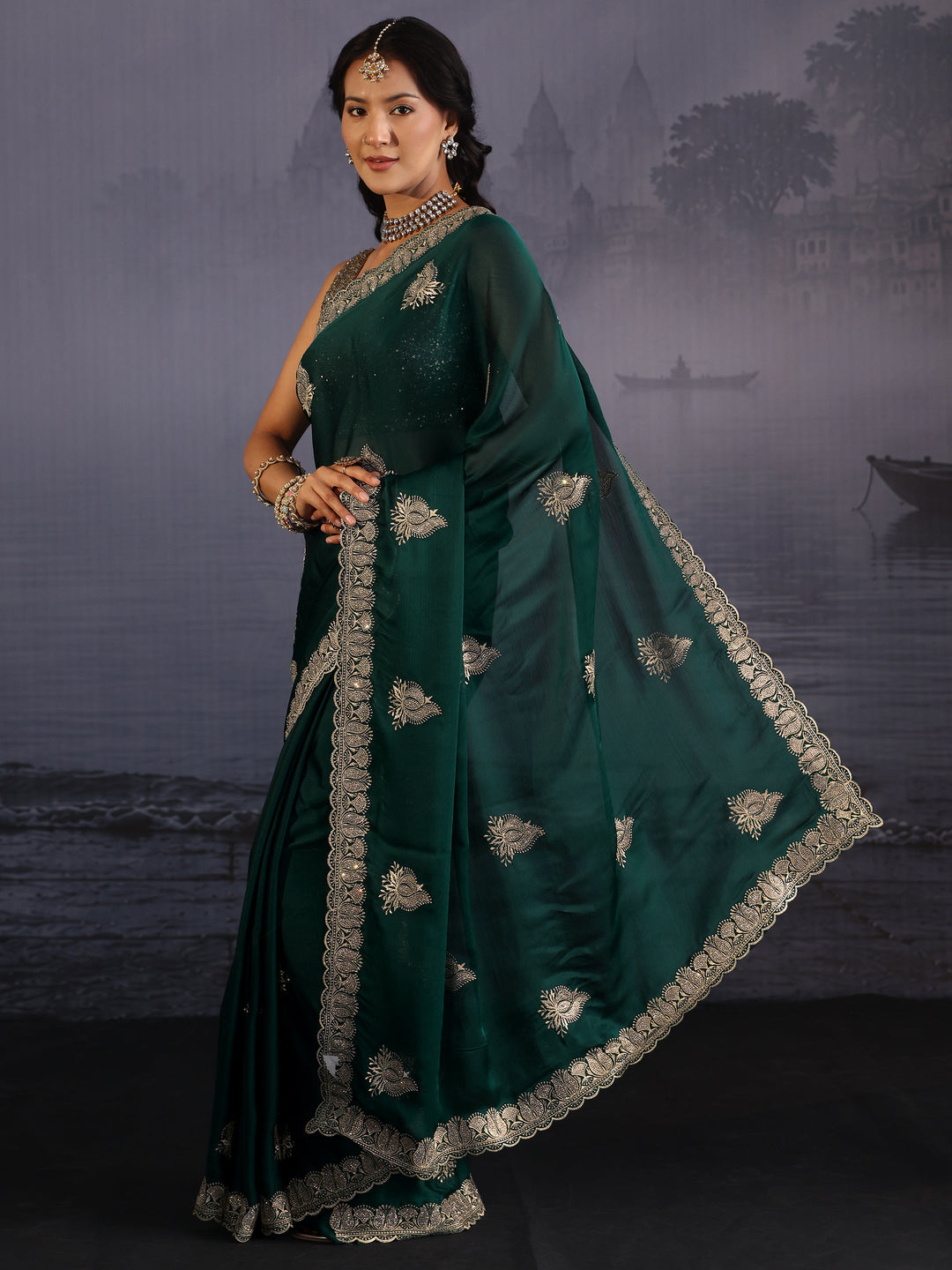  Libas Bottle Green Embroidered Chiffon Saree with Scalloped Border 