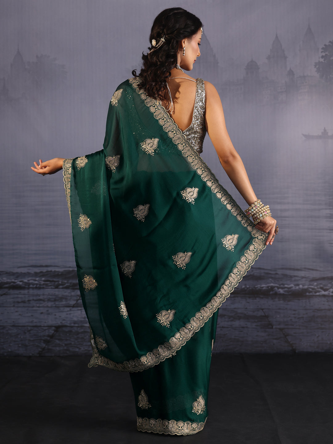  Libas Bottle Green Embroidered Chiffon Saree with Scalloped Border 