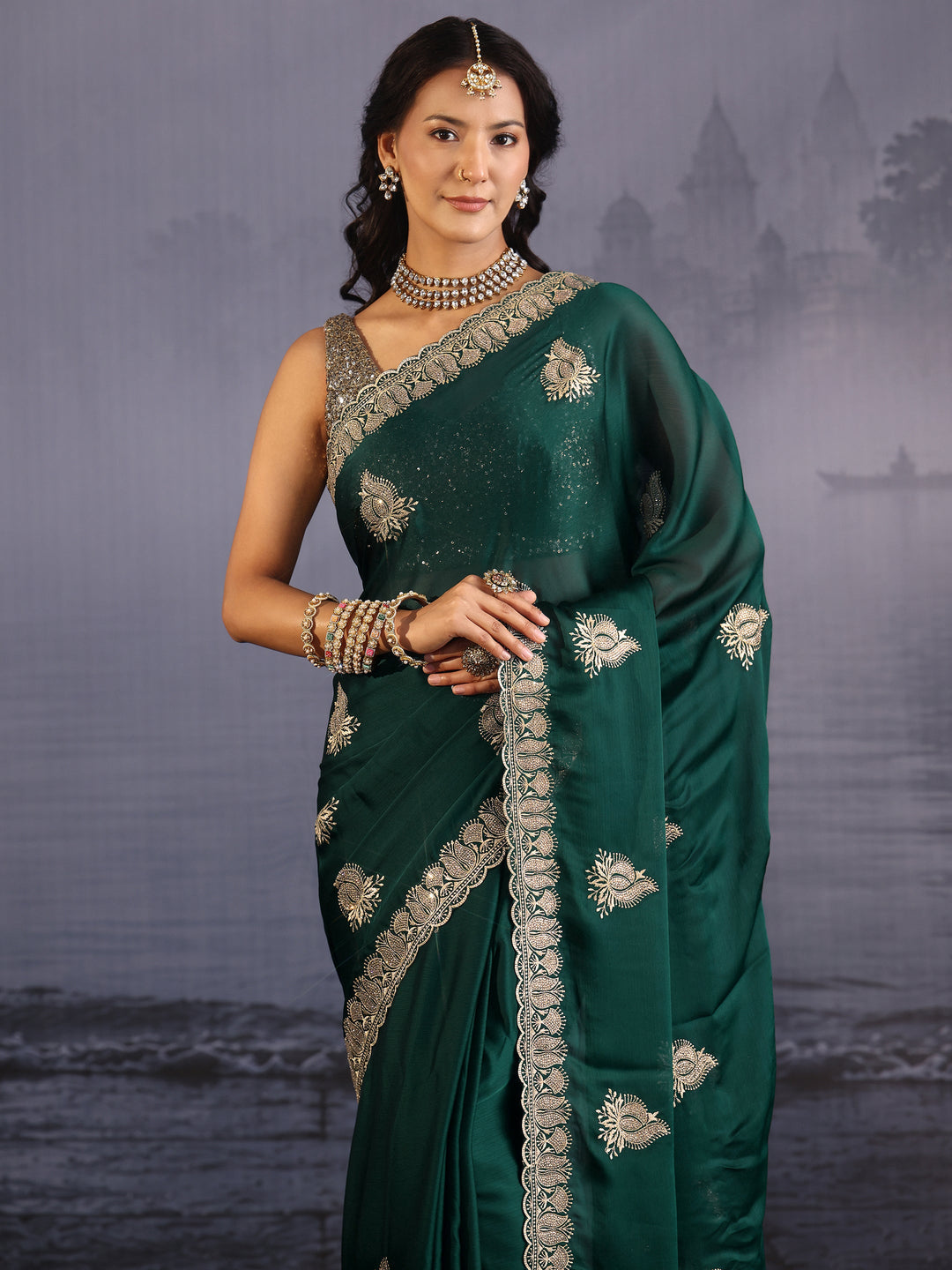  Libas Bottle Green Embroidered Chiffon Saree with Scalloped Border 