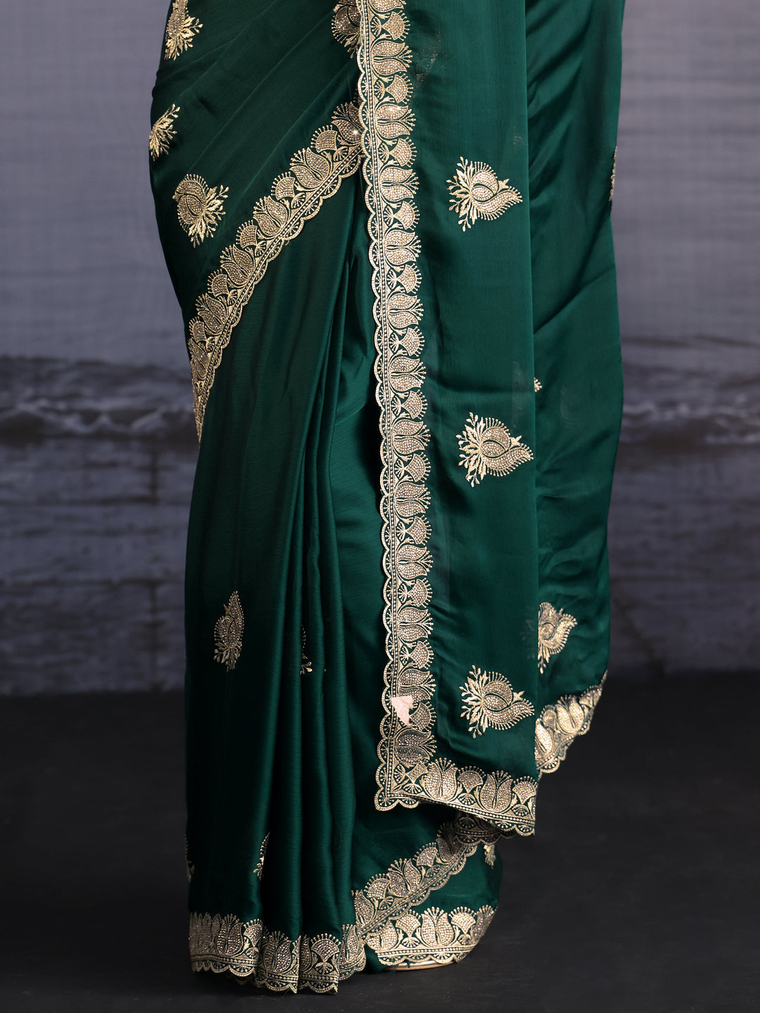  Libas Bottle Green Embroidered Chiffon Saree with Scalloped Border 